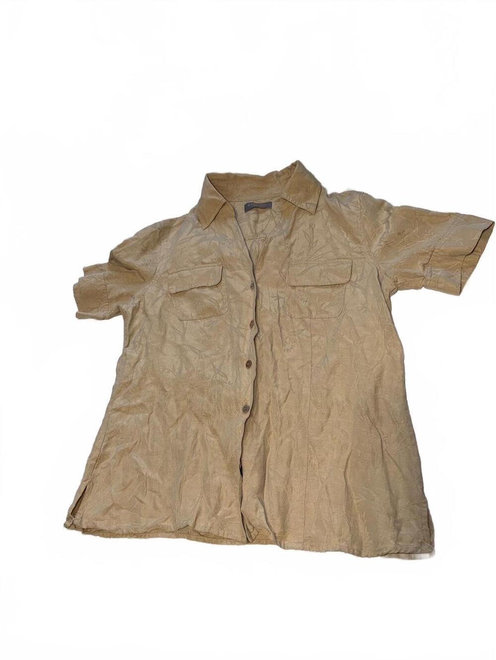 Kate Hill Casual Beige Silk Blend Short Sleeve Button-Up Shirt Size 8
